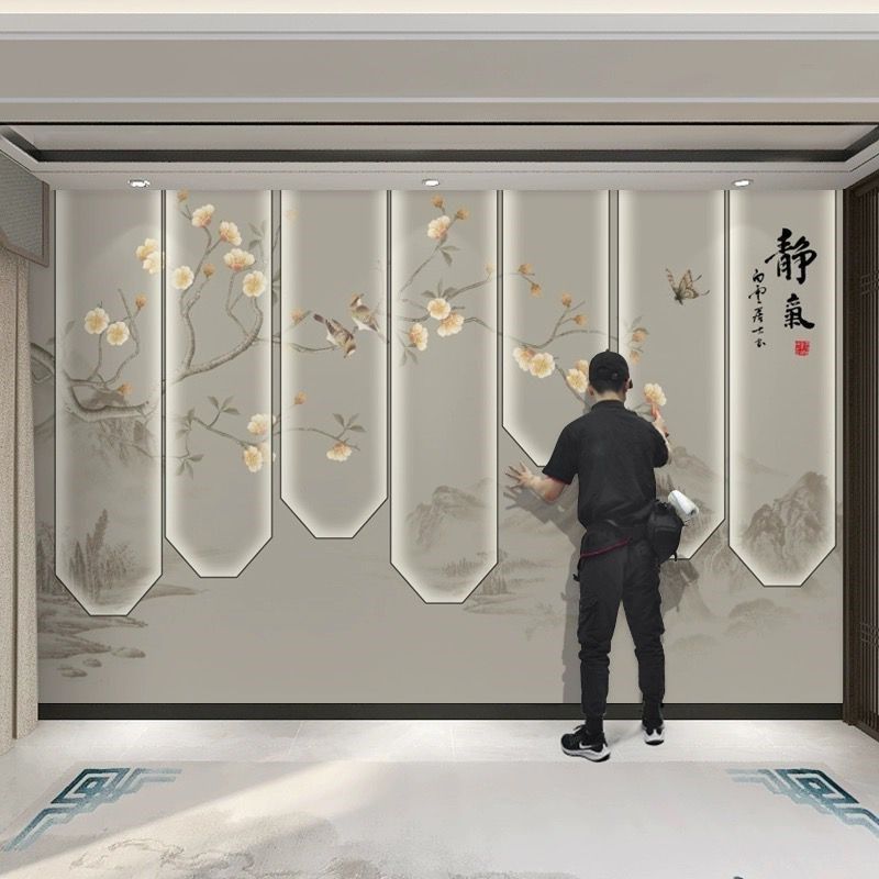新中式电视背景墙壁纸茶室古典禅意手绘花鸟墙纸影视墙装饰5d壁画