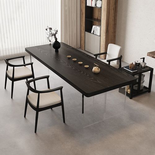 亚克力悬浮茶台茶桌椅组合家用客厅实木碳化新中式侘寂风大板茶桌