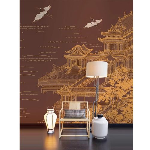 新中式阁楼仙鹤电视背景墙纸饭店硬包壁布3d立体浮雕酒店装修壁画