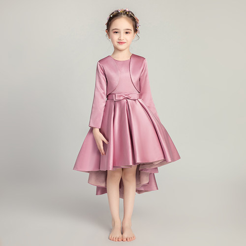 儿童礼服女童缎面婚纱长袖钢琴演出服气质小女孩公主裙高贵连衣裙
