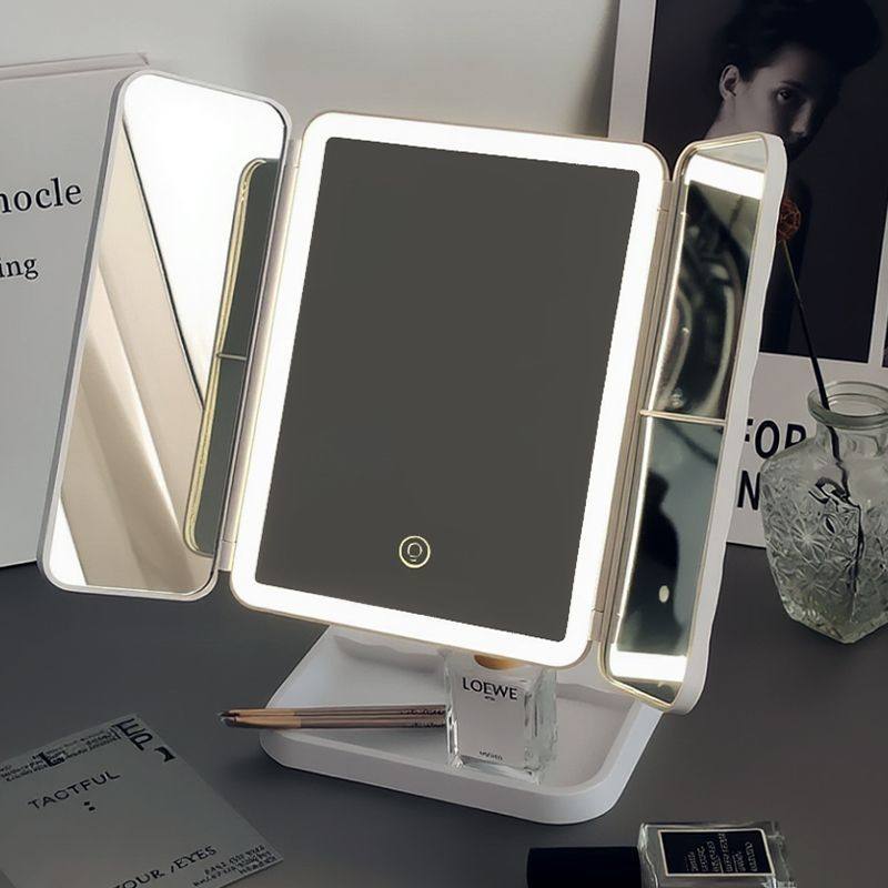 LED台式化妆镜二合一体贝壳三面收纳盒折叠梳妆镜可调节镜子双开