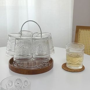 ins浮雕玻璃杯水杯6件套装带杯架家用家庭装耐热咖啡杯森系高级感