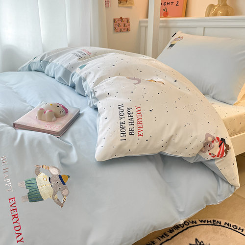 全棉纯棉学生宿舍上下铺床上三件套大学生寝室床单被套刺绣四件套