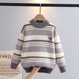 2024秋冬新款男童条纹打底衫儿童毛衣加厚宽松时尚针织衫男孩上衣