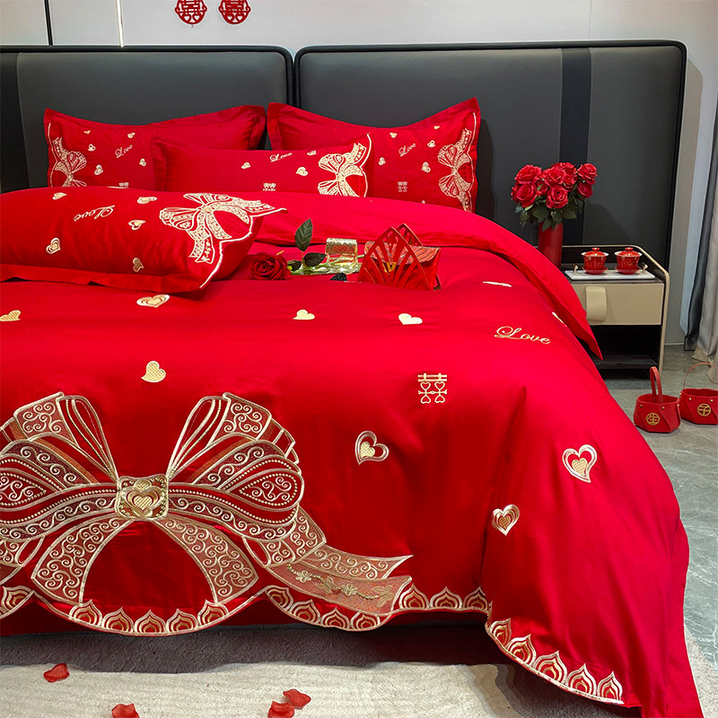 100支高端新疆长绒棉婚庆四件套全棉大红色被套纯棉结婚床上用品4