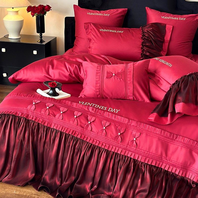 浪漫婚庆长绒棉纯棉刺绣四件套琉璃纱大宽边结婚被套红色床上用品
