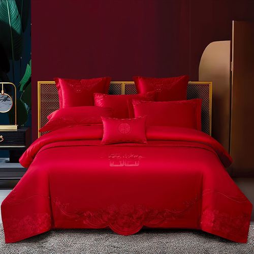 新婚庆大红色床上四件套全纯棉刺绣喜庆结婚被套床单新郎新娘床品