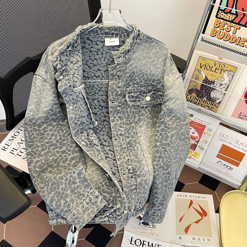 春秋毛边牛仔外套男水洗渐变做旧美式复古高街设计感小众潮牌夹克