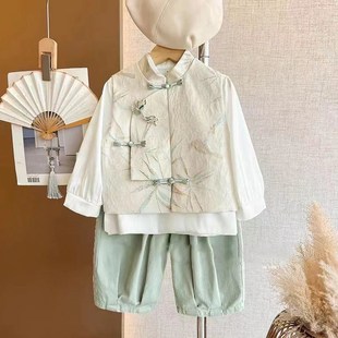 新中式男童女童中国风汉服唐装盘扣刺绣秋冬三件套装宝宝周岁礼服