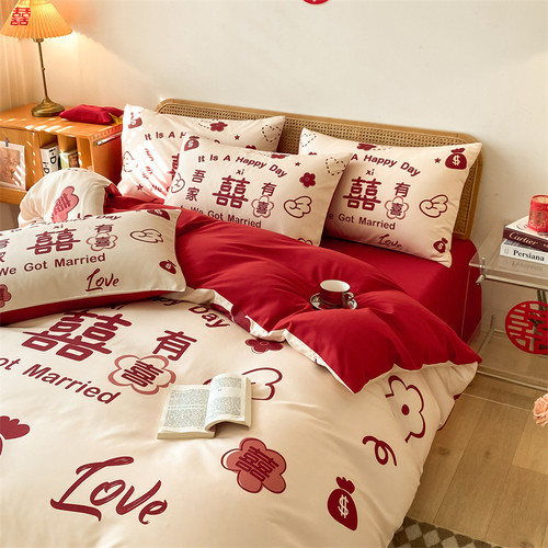 婚礼四件套婚房喜庆中式浪漫床上用品纯棉全棉酒红色床单床笠被罩
