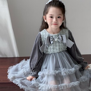 2024秋冬装 洋气女童加绒连衣裙丝绒亮片礼服裙女宝宝公主裙子 新款