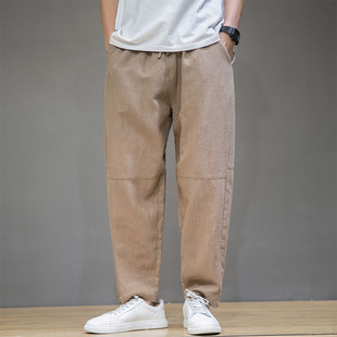 薄款 宽松运动裤 子男款 潮牌亚麻休闲裤 棉麻九分裤 夏季 2023新款 男士