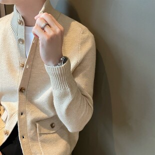 纯色带口袋针织衫 英伦男士 商务立领扣式 毛衣修身 蜂窝格纹潮男开衫