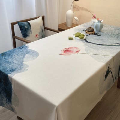 桌布棉麻布艺禅意古风国风桌布中式茶几布活动室书桌书法荷花