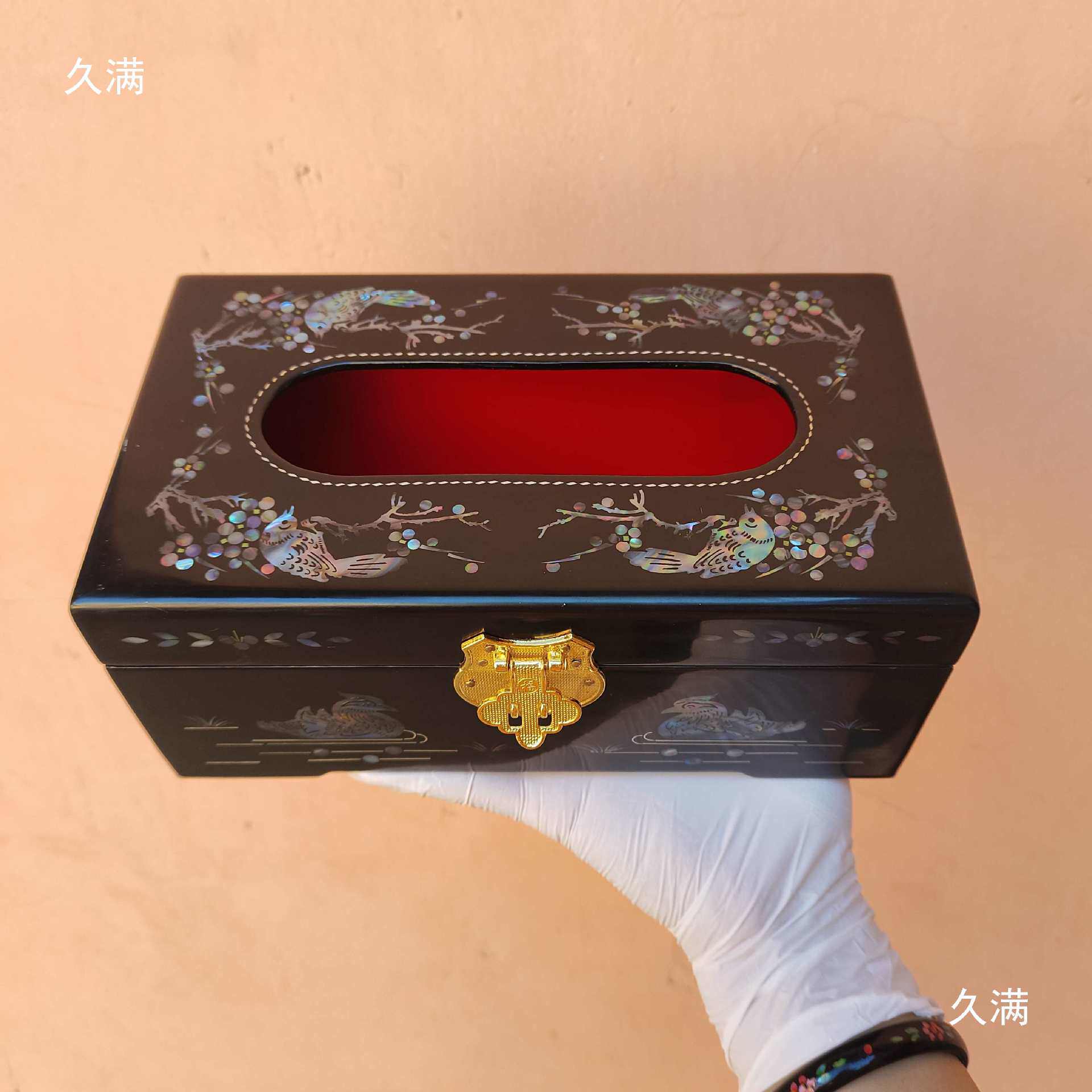 螺钿纸巾盒餐纸盒大漆木胎贝壳镶嵌首饰盒订婚结婚嫁妆手工制作