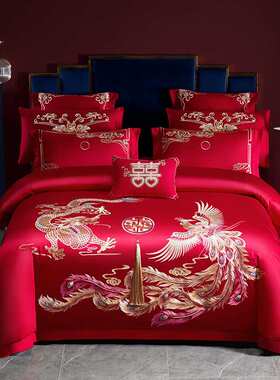 E4C1OO%全棉婚庆四件套新婚高挡婚庆大红纯棉龙凤结婚刺绣款红色
