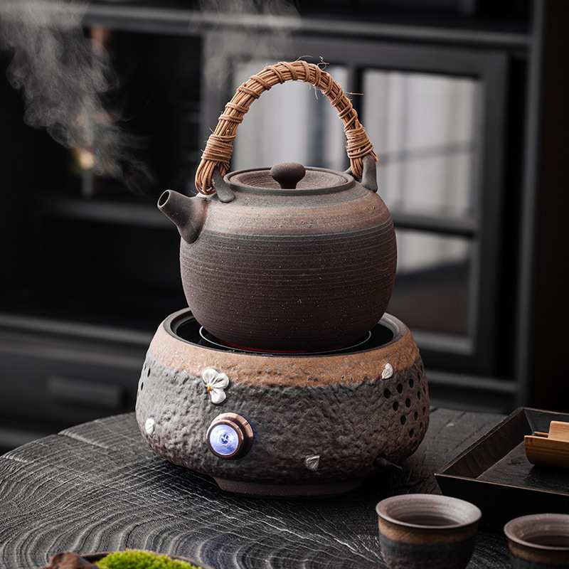 鎏金粗陶电陶炉复古围炉煮茶家用室内煮茶器陶瓷茶壶套装煮茶神器