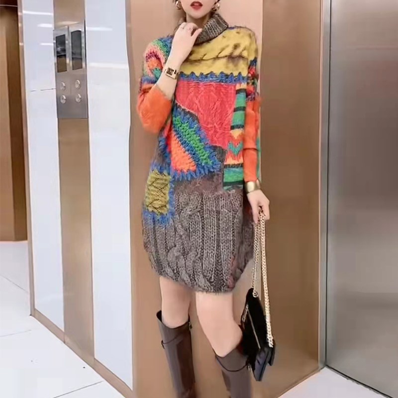 欧货正品2024冬季新款撞色印花羊绒毛衣女复古时尚中长款打底裙图片