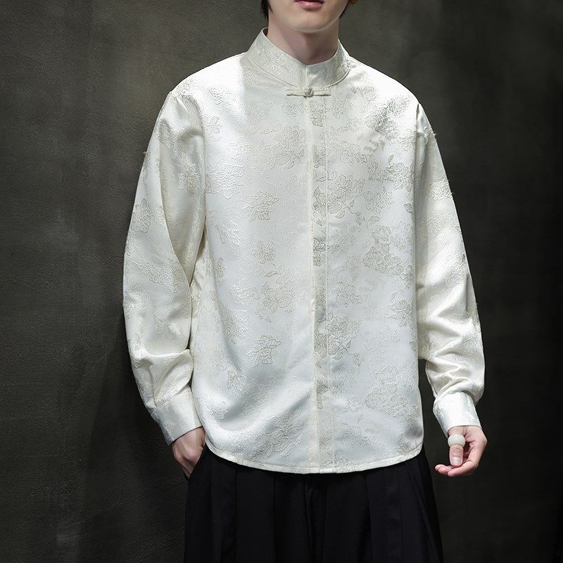 新中式立领提花衬衫男长袖中国风唐装春季新款潮流宽松盘扣衬衣男,男装,唐装,淘宝优惠券,粉丝福利购,淘宝优惠卷