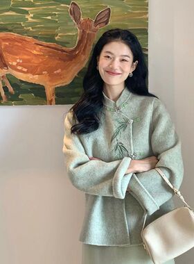 大码复古新中式国风禅意穿搭女秋装毛呢短款外套气质半身裙两件套