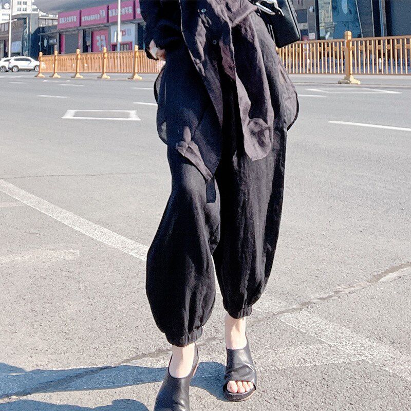 裤子女夏亚麻灯笼裤简约风收口束脚裤女装宽松显瘦薄款棉麻九分裤