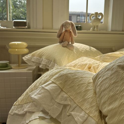 韩式公主风花边泡泡纱松栗奶油全棉床上四件套1.5m1.8米被套床单