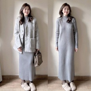 灰色半高领针织连衣裙女秋冬季配大衣内搭打底到脚踝的长款毛衣裙