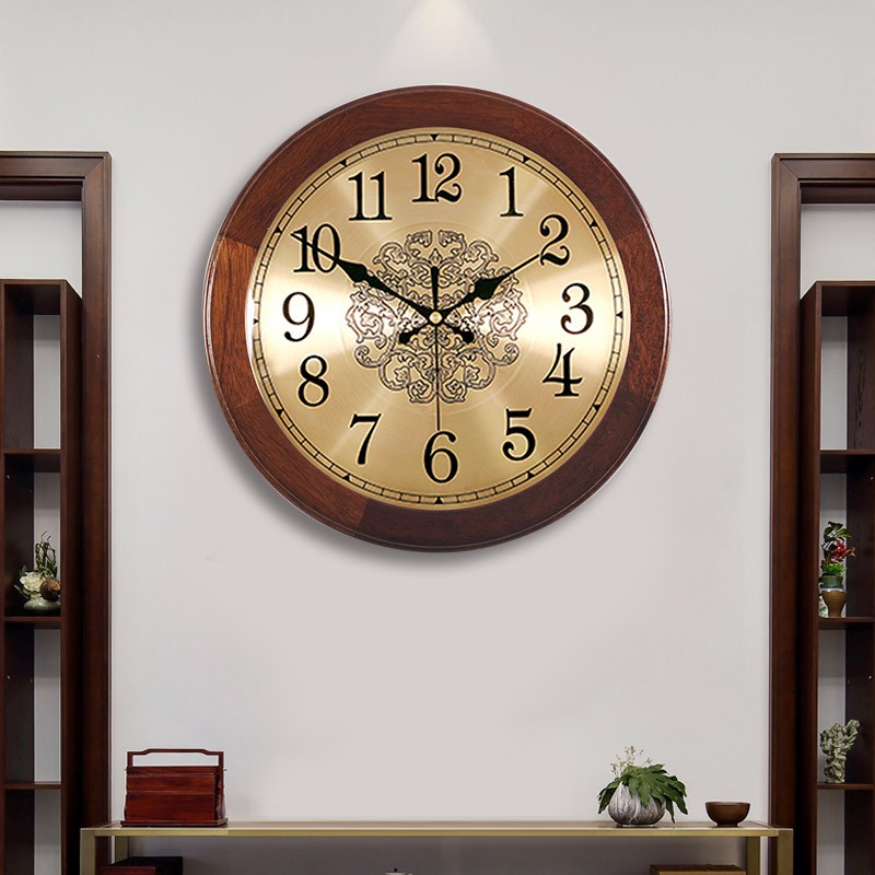 欧式实木钟表挂钟客厅中国风简约圆形复古大气静音W家用时钟挂墙