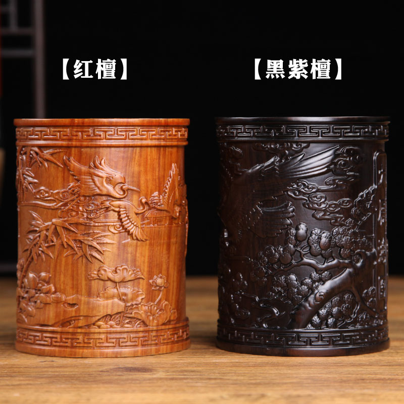 实木笔筒复古毛笔筒o黑檀红木笔筒办公桌笔筒文房四宝书房礼品