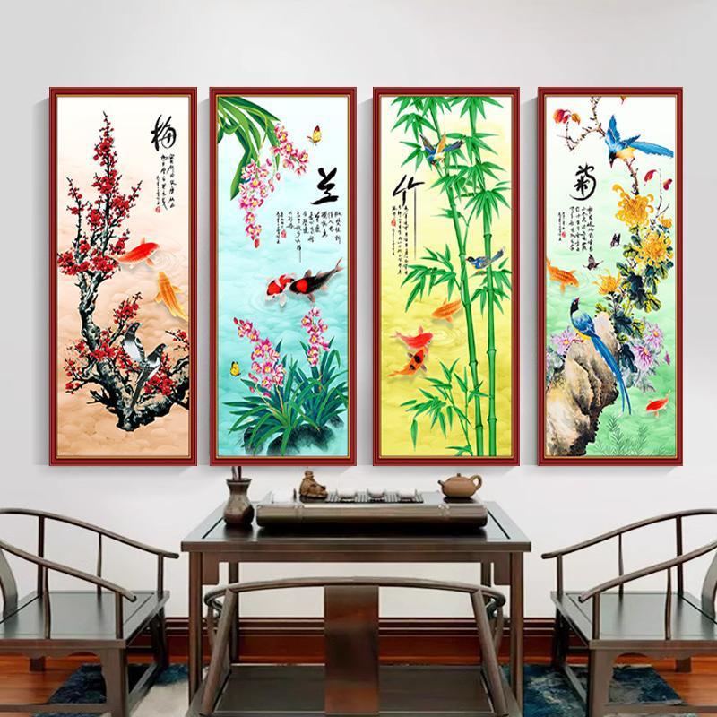 新款春夏秋冬挂画装饰画墙贴画梅兰竹菊自粘画自粘免打孔四联国画
