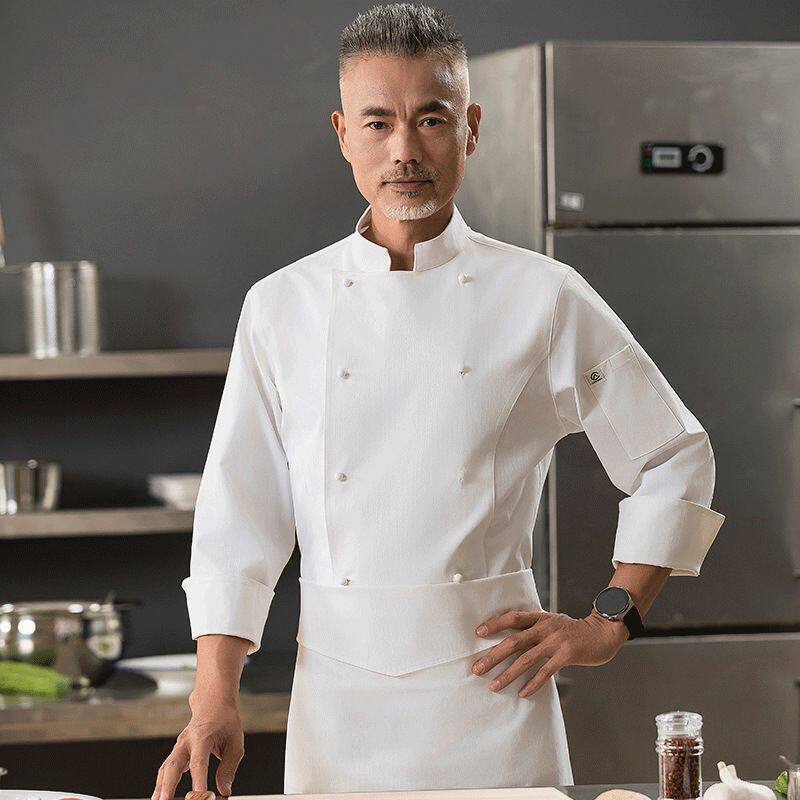 人字纹跳棋双排铜扣厨师工作服酒店主厨后厨大厨服装