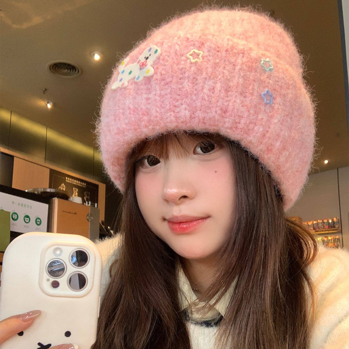 2025新款可爱星星小狗毛绒针织帽女秋冬大头围加厚保暖护耳毛线帽