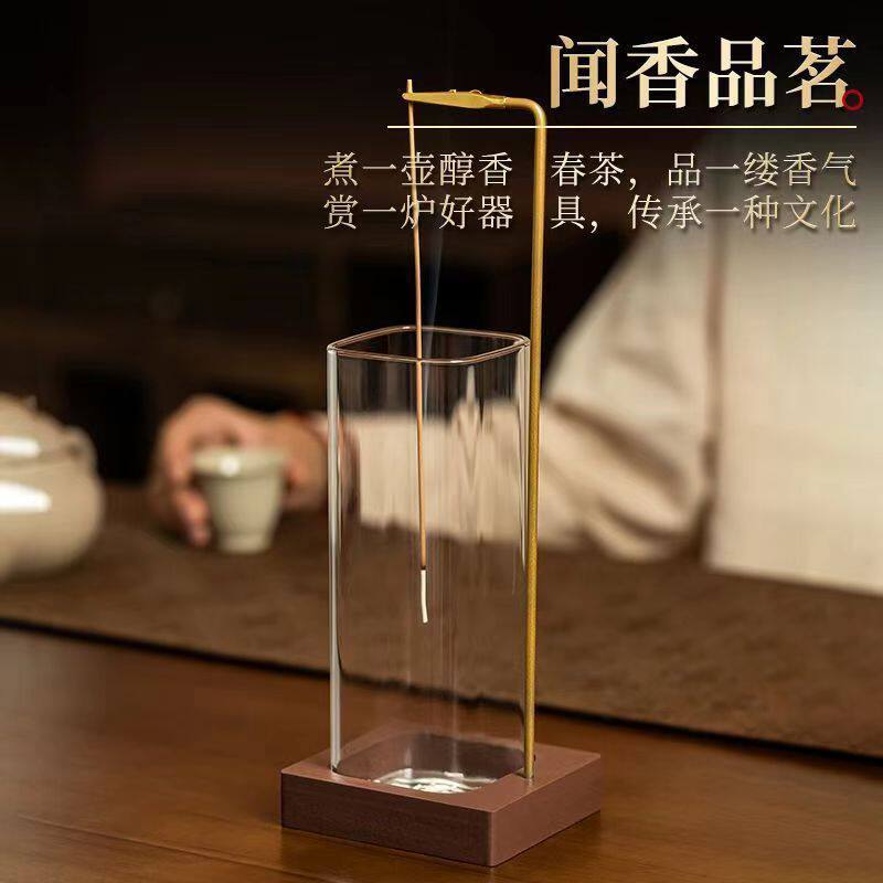 新款倒挂线香炉香灰接灰玻璃杯居家简约瑜伽熏香架木质创意摆件