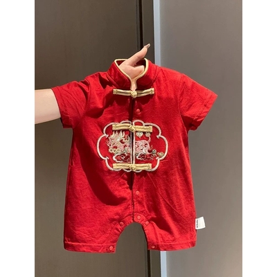 婴儿衣服夏季红色连体衣男女宝宝满月百天中式抓周岁礼服哈衣爬服