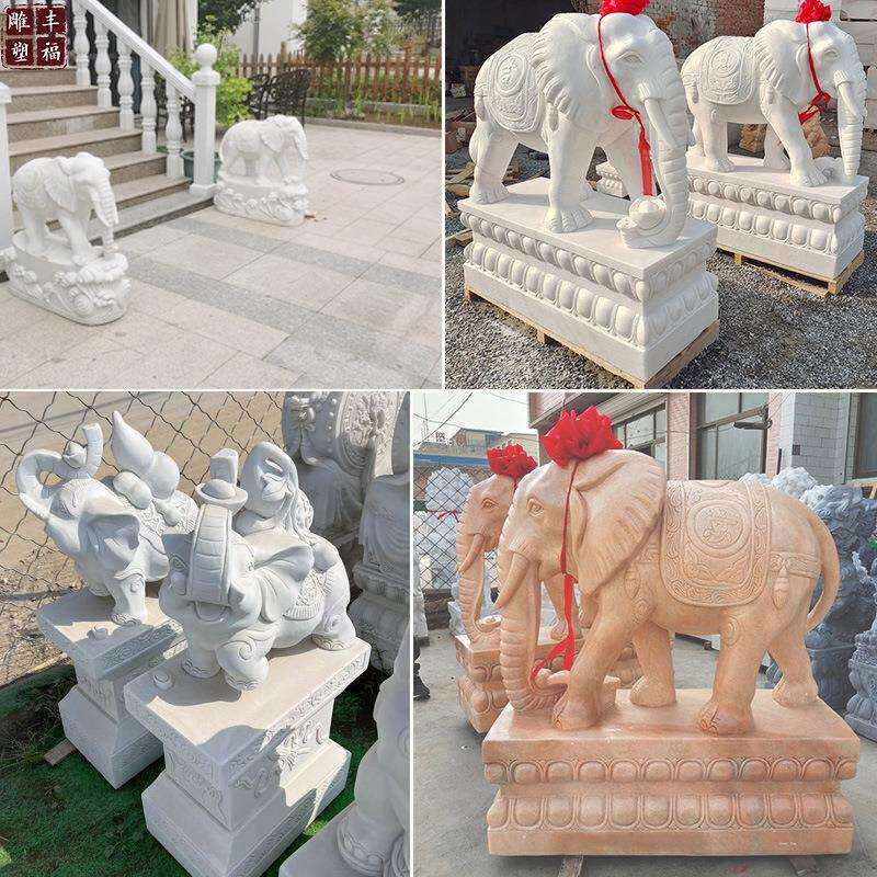 曲阳汉白玉大象雕塑一对大理石动物开业家居小象门口工艺品摆件