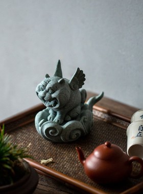 青砂石福虎添亿茶k宠 中式创意国风动物家居桌面茶台鱼缸装饰摆件