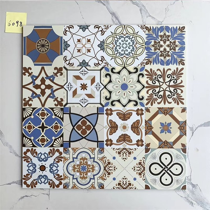 阳台瓷砖地中海仿古卫o生间水泥砖地砖黑白复古厨房小花砖600x600