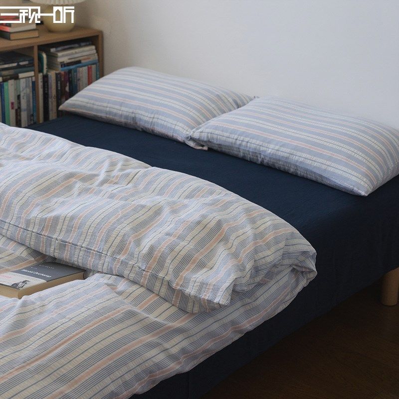 轻法式泡泡纱款丨全棉色织四件套纯棉水洗棉蓝粉条纹床上床品套件