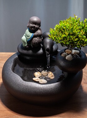 陶瓷流水摆件中式禅意盆栽喷泉桌面办公室水景玄关风水招财鱼缸