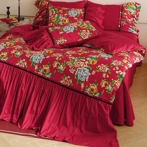 复古轻奢全棉高端花卉四件套民族风长绒棉结婚被套公主风婚庆床品