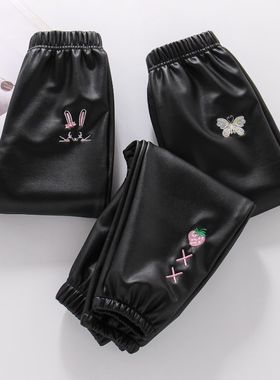 女童加绒裤子外穿洋气秋冬宝宝一体绒皮裤儿童冬季薄绒休闲保暖裤