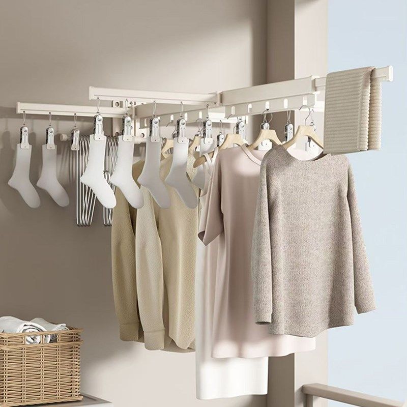 奶油风隐形折叠晾衣架阳台伸缩晾衣杆免打孔壁挂式晒衣服被子神器,家装主材,隐形晾衣架,淘宝优惠券,粉丝福利购,淘宝优惠卷