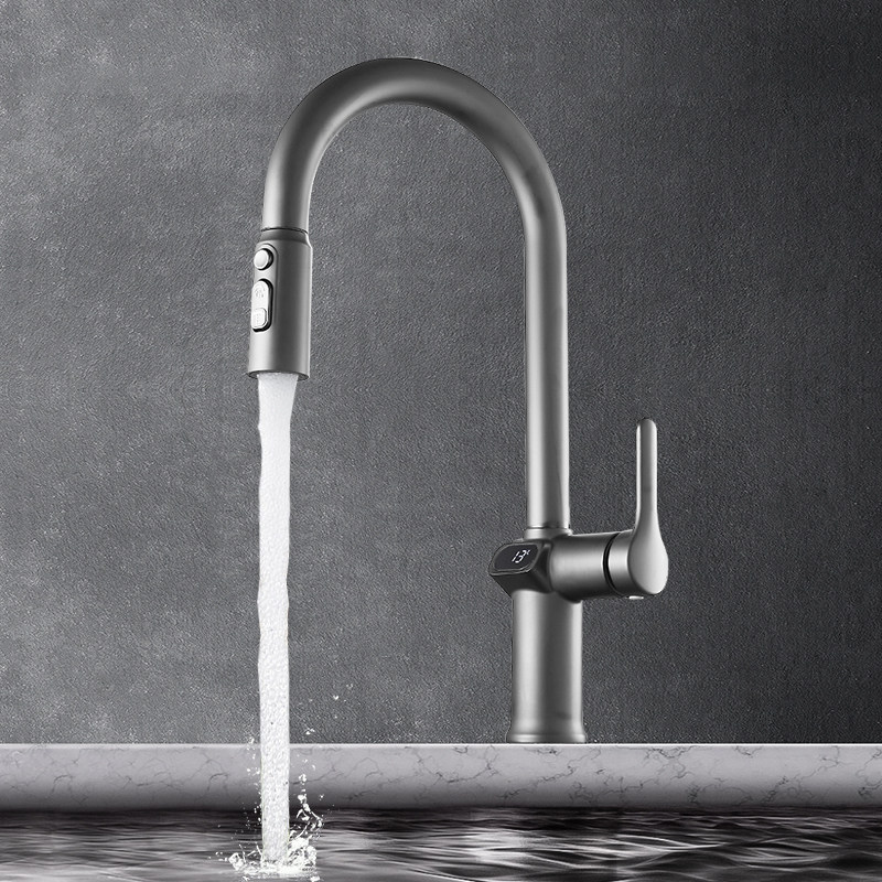 厨房水龙头防溅i水枪灰色智能数显抽拉旋转冷热洗菜盆水槽龙头家,家装主材,智能厨房龙头,淘宝优惠券,粉丝福利购,淘宝优惠卷