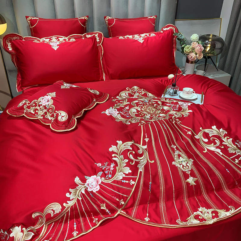 60支长绒d棉结婚床上用品四件套婚庆新婚刺绣被套婚房全棉床单高