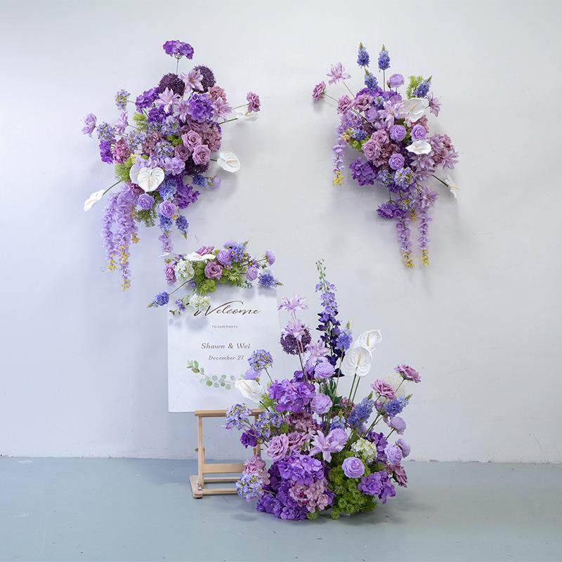 婚礼装饰紫色壁挂花艺 板墙面摄影背景布置绢花挂花地排花