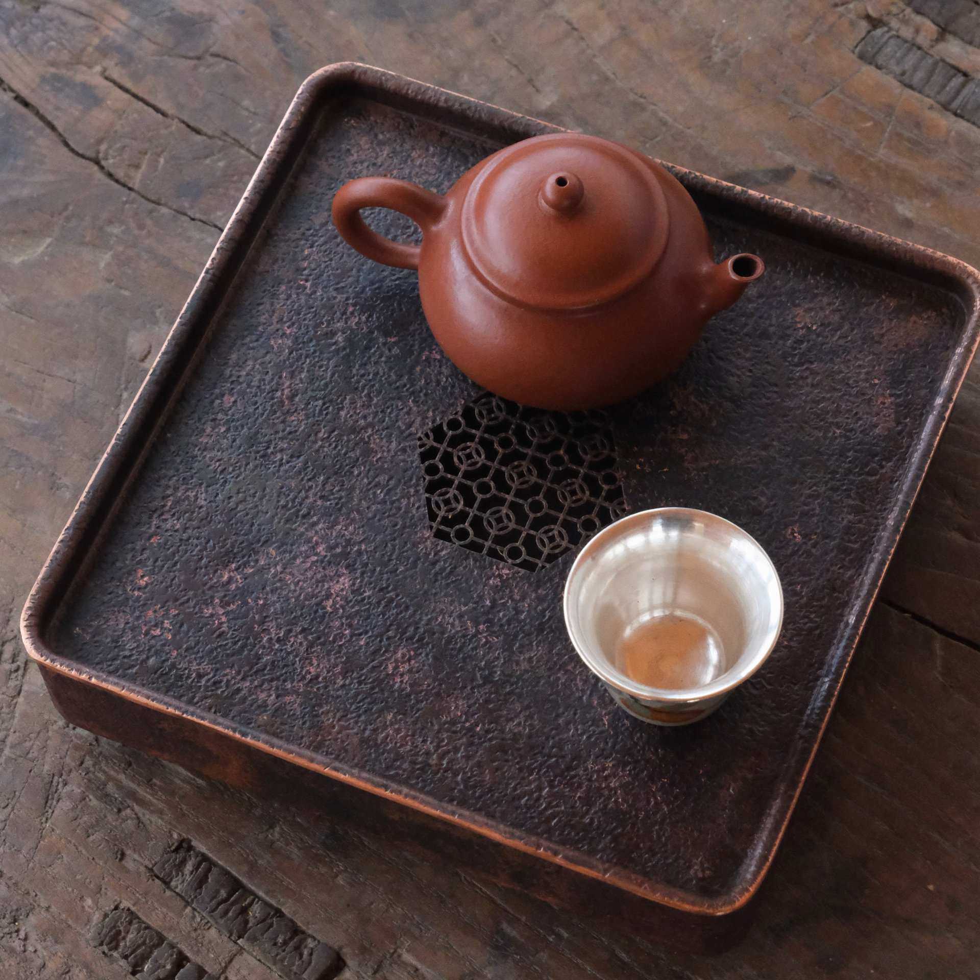 苏式窗花紫铜大号茶台 手工纯铜加厚茶盘干泡台壶承沥水茶海茶船