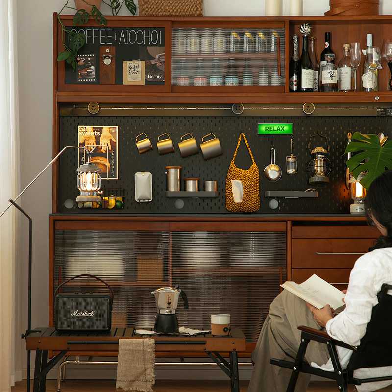 北欧复古实木中古风餐边柜高柜靠墙一体厨房酒柜岩板收纳储物柜