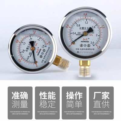 红旗抗震充油压力表YTN-100水压气压油压表1.6级耐震不锈钢压力表