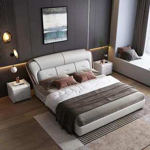 轻奢皮床家用大小户型主卧大床现代简约双人床1.8m收纳储物床实木