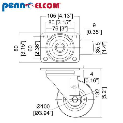 Penn Elcom轮子W9008-V6 万向箱轮4寸重型脚轮金属轮子橡胶辊轮重